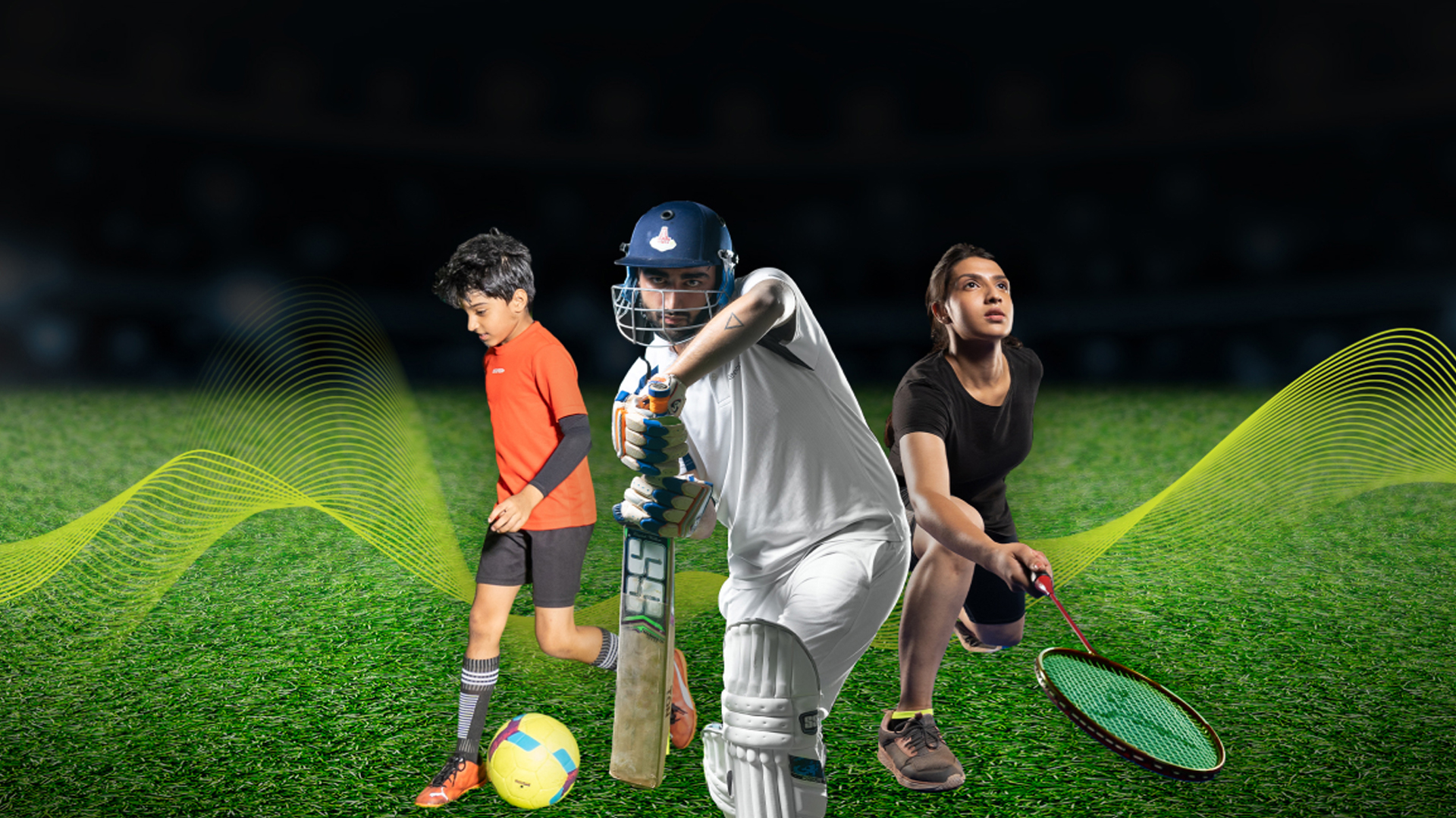 A poster for an indoor sports arena in which a boy is seen with a football, a man in a cricket outfit with a bat, and a woman with a badminton racket.